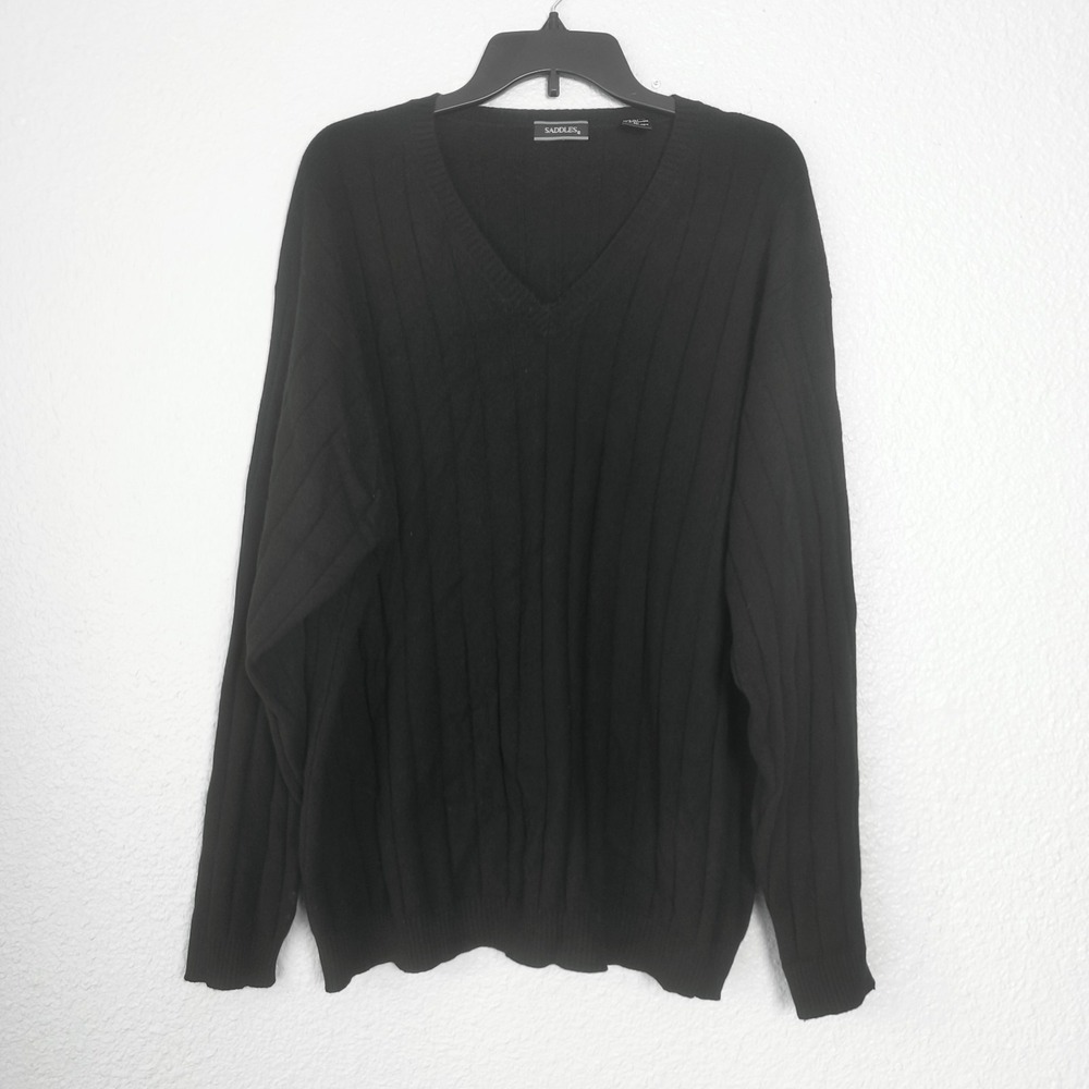 Saddles Men's 100% Cashmere‎ V-Neck Sweater, Black, XL Extra Large
